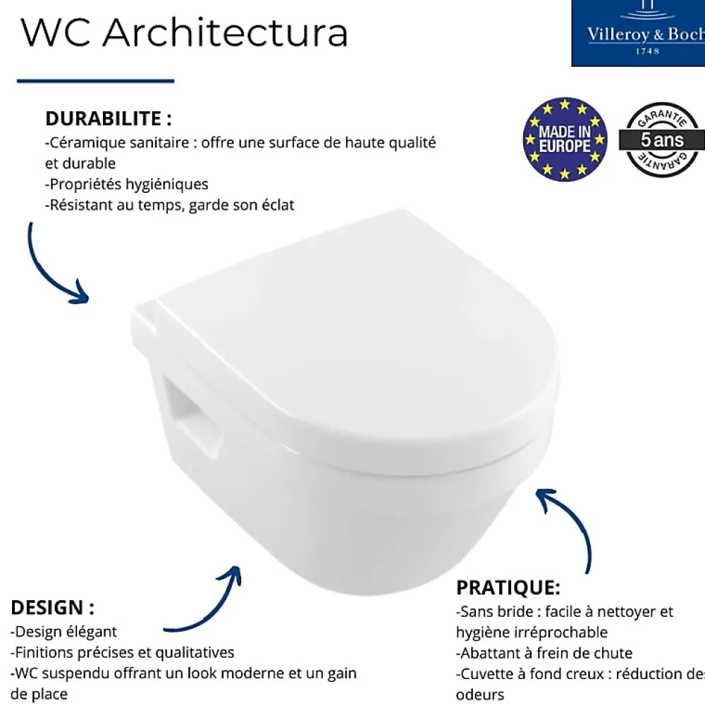 Wc Suspendu|Villeroy & Boch WC suspendu combi-pack VILEROY ET BOCH Architectura 53 x 37 x 40 cm
