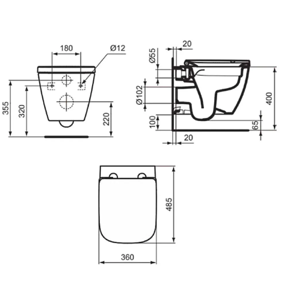Ideal Standard WC suspendu compact sans bride I.Life S RimLS+ avec abattant frein de chute