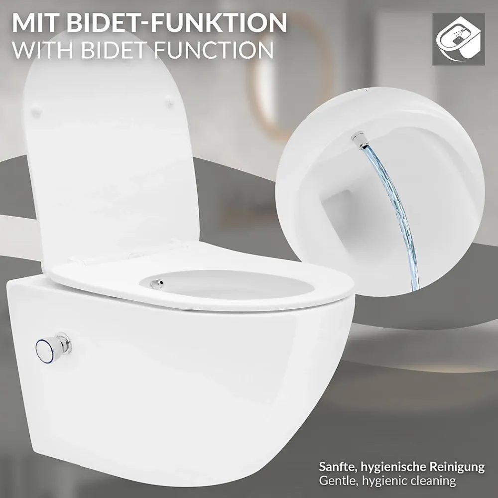 Luxebath WC suspendu en céramique cuvette sans rebord long fonction bidet avec siège