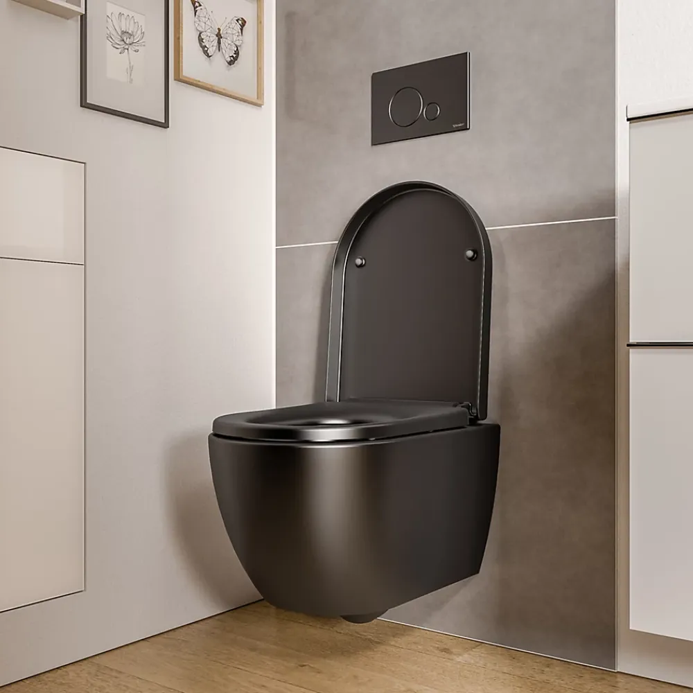 Wc Suspendu|Bernstein WC suspendu Noir mat 36x53x36cm (LxPxH) sans rebord, abattant fermeture progressive + soft-close - VIREO