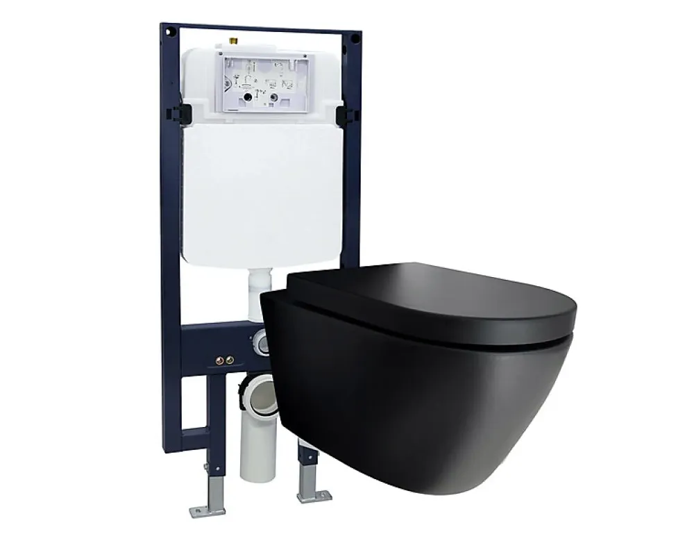 Bernstein WC suspendu noir Toilettes bâti-support pack économique - B-8030 - plaque de déclenchement Modèle 4111 satin