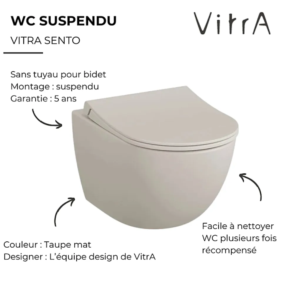 Wc Suspendu|Vitra WC suspendu sans bride Sento lin + abattant