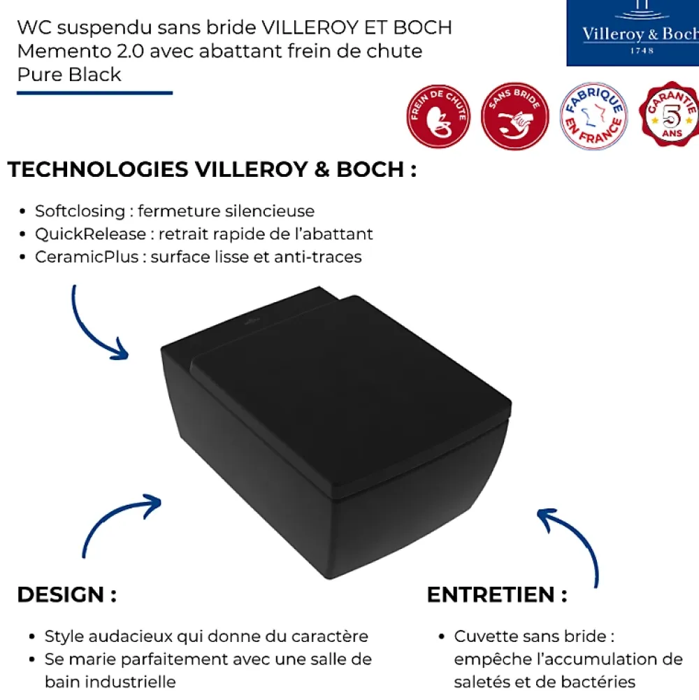 Wc Suspendu|Villeroy & Boch WC suspendu sans bride VILLEROY ET BOCH Memento 2.0 avec abattant Pure Black