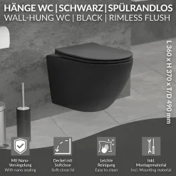 Luxebath WC suspendu sans rebord court nano-revêtement noir mat céramique SoftClose