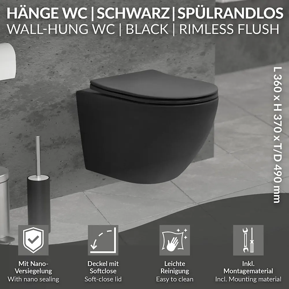Luxebath WC suspendu sans rebord court nano-revêtement noir mat céramique SoftClose