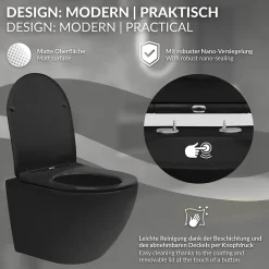 Luxebath WC suspendu sans rebord court nano-revêtement noir mat céramique SoftClose
