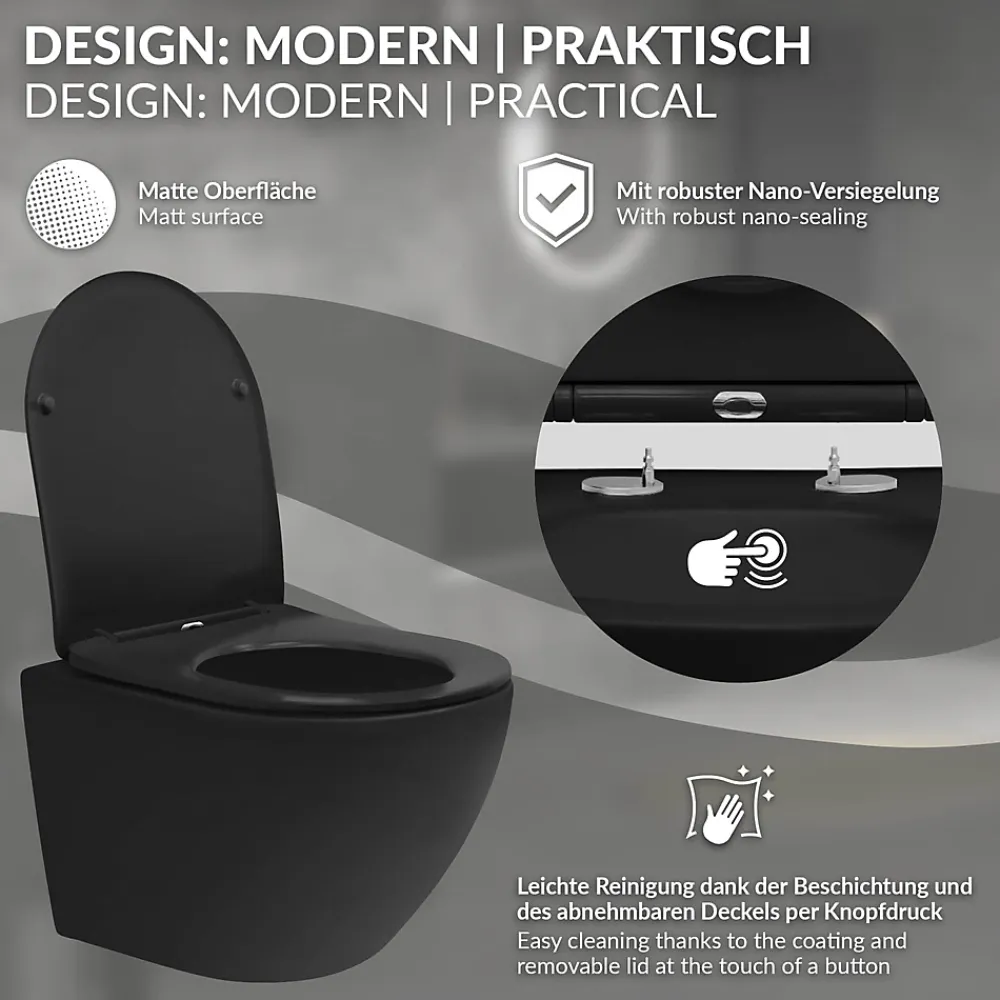 Luxebath WC suspendu sans rebord court nano-revêtement noir mat céramique SoftClose