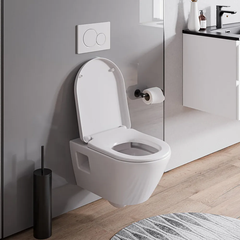 Bernstein WC suspendu sans rebord, Cuvette supendue avec abattant fermeture en douceur - 37x36x54cm - Blanc brillant - VIVEO