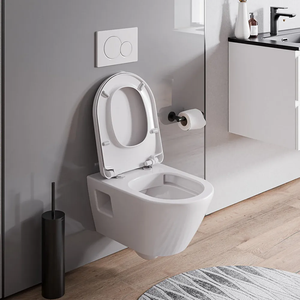 Bernstein WC suspendu sans rebord, Cuvette supendue avec abattant fermeture en douceur - 37x36x54cm - Blanc brillant - VIVEO