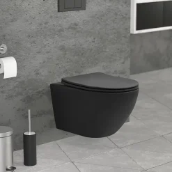 Wc Suspendu|Luxebath WC suspendu sans rebord long en céramique noir mat avec siège de WC Softclose
