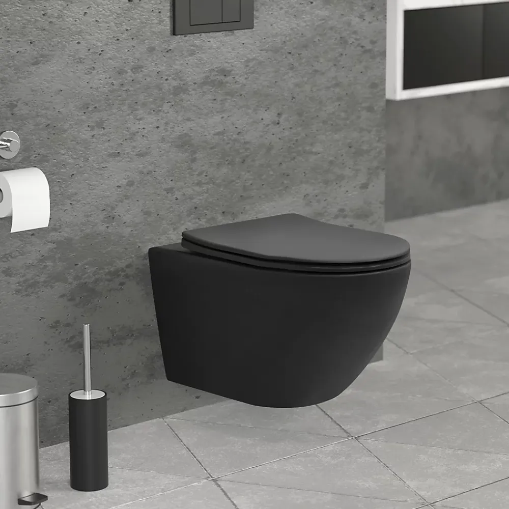 Wc Suspendu|Luxebath WC suspendu sans rebord long en céramique noir mat avec siège de WC Softclose