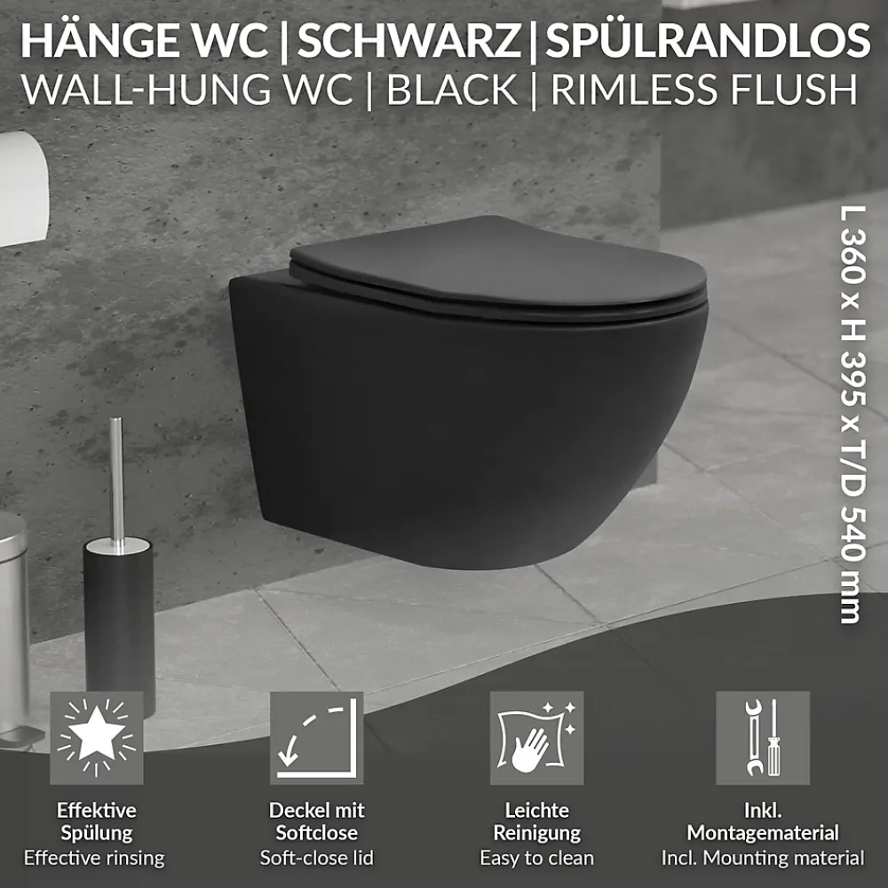 Wc Suspendu|Luxebath WC suspendu sans rebord long en céramique noir mat avec siège de WC Softclose