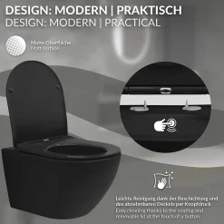 Wc Suspendu|Luxebath WC suspendu sans rebord long en céramique noir mat avec siège de WC Softclose