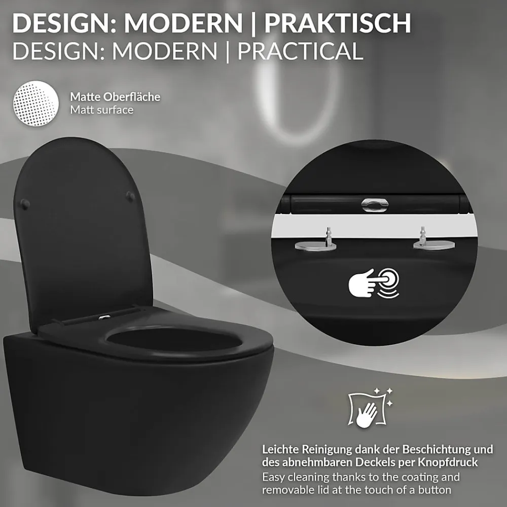 Wc Suspendu|Luxebath WC suspendu sans rebord long en céramique noir mat avec siège de WC Softclose