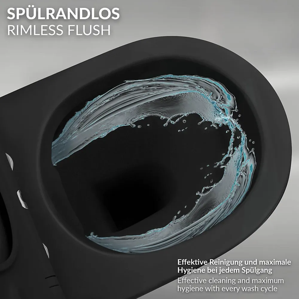 Wc Suspendu|Luxebath WC suspendu sans rebord long en céramique noir mat avec siège de WC Softclose