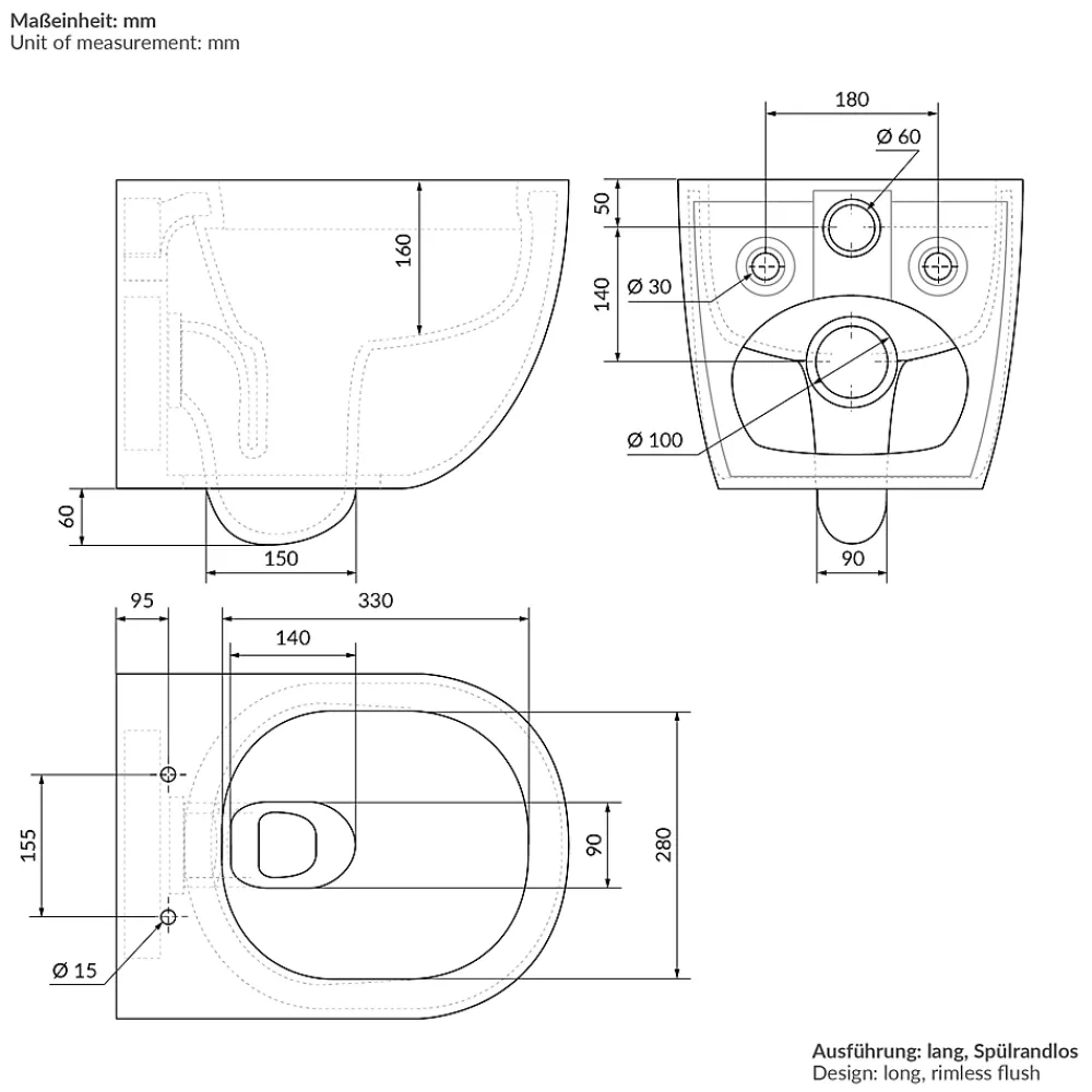 Wc Suspendu|Luxebath WC suspendu sans rebord long en céramique noir mat avec siège de WC Softclose
