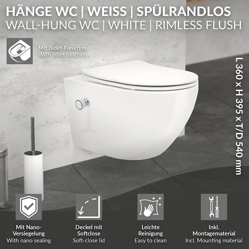 Wc Suspendu|Luxebath WC suspendu sans rebord nano revêtement fonction bidet long blanc céramique