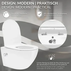 Wc Suspendu|Luxebath WC suspendu sans rebord nano revêtement fonction bidet long blanc céramique
