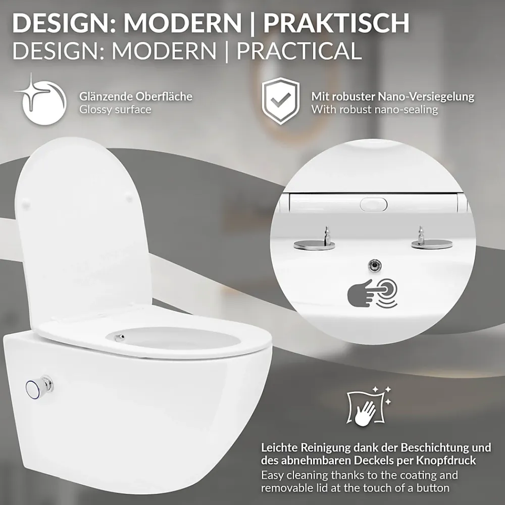Wc Suspendu|Luxebath WC suspendu sans rebord nano revêtement fonction bidet long blanc céramique