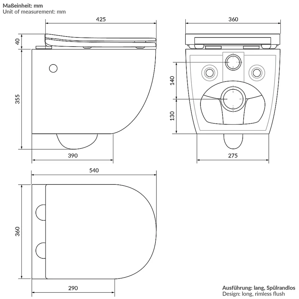 Wc Suspendu|Luxebath WC suspendu sans rebord nano revêtement fonction bidet long blanc céramique