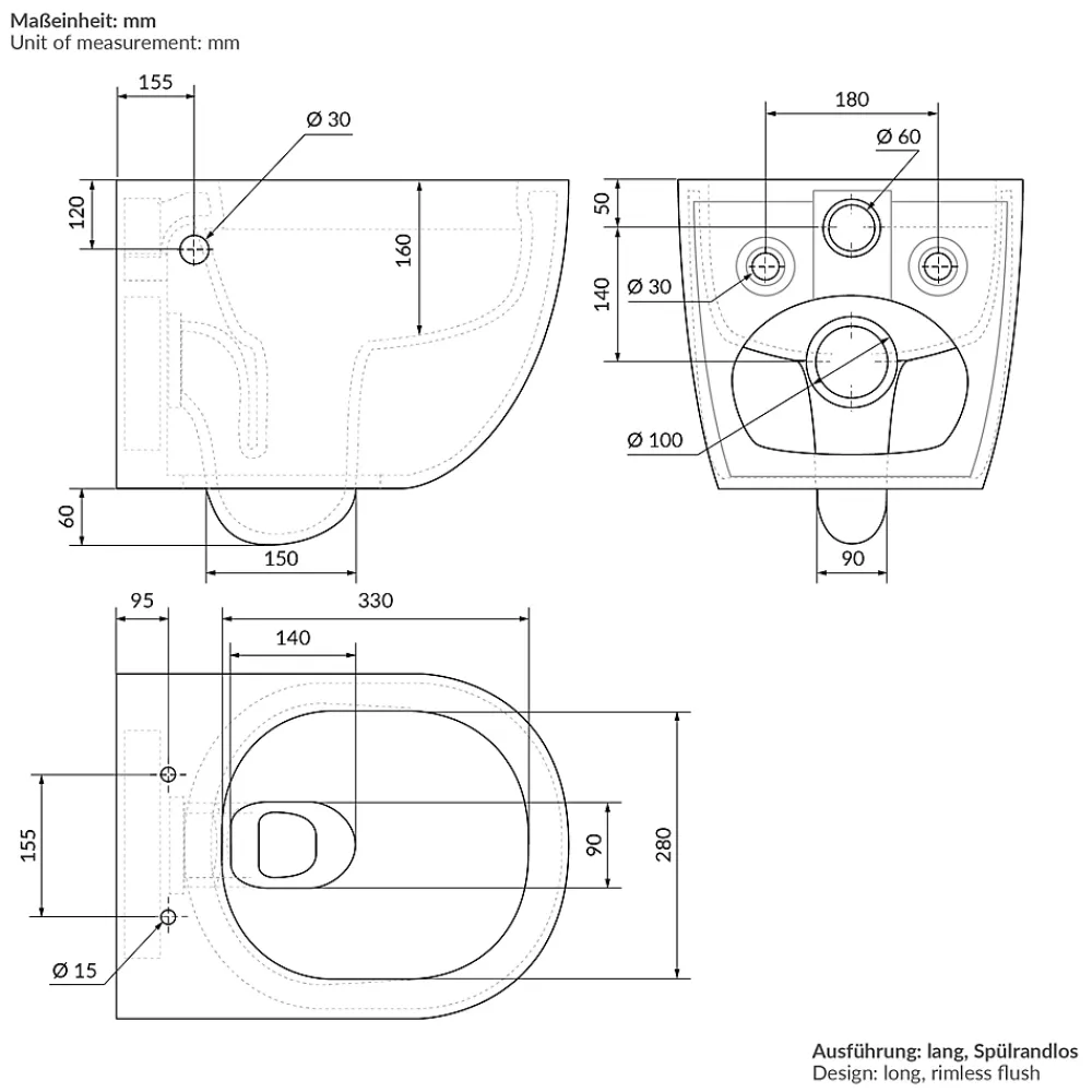 Wc Suspendu|Luxebath WC suspendu sans rebord nano revêtement fonction bidet long blanc céramique