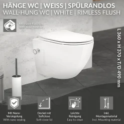 Luxebath WC suspendu sans rebord nano revêtement fonction bidet blanc céramique