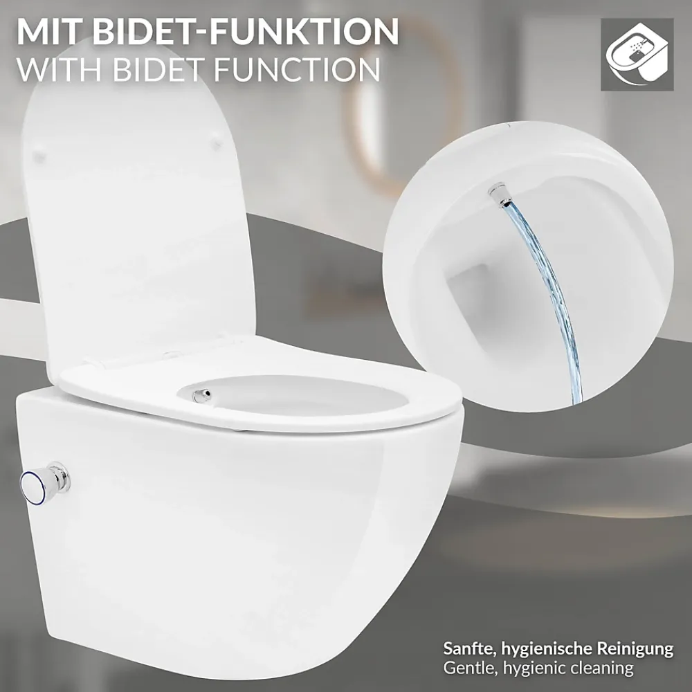 Luxebath WC suspendu sans rebord nano revêtement fonction bidet blanc céramique