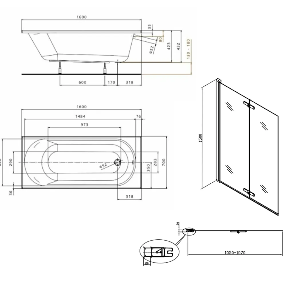 Kolo by Geberit 160x70 cm Ensemble baignoire Opal Plus universelle +Pare baignoire pliable, 2 volets chrome + pieds (XWP1260000-SETP2)