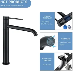 Homelody 2x Robinet Salle de Bain Haut Bec Pivotant Vasque Mitigeur de Lavabo Noir Mat Robinet en Inox SS304 pour Salle de Bain