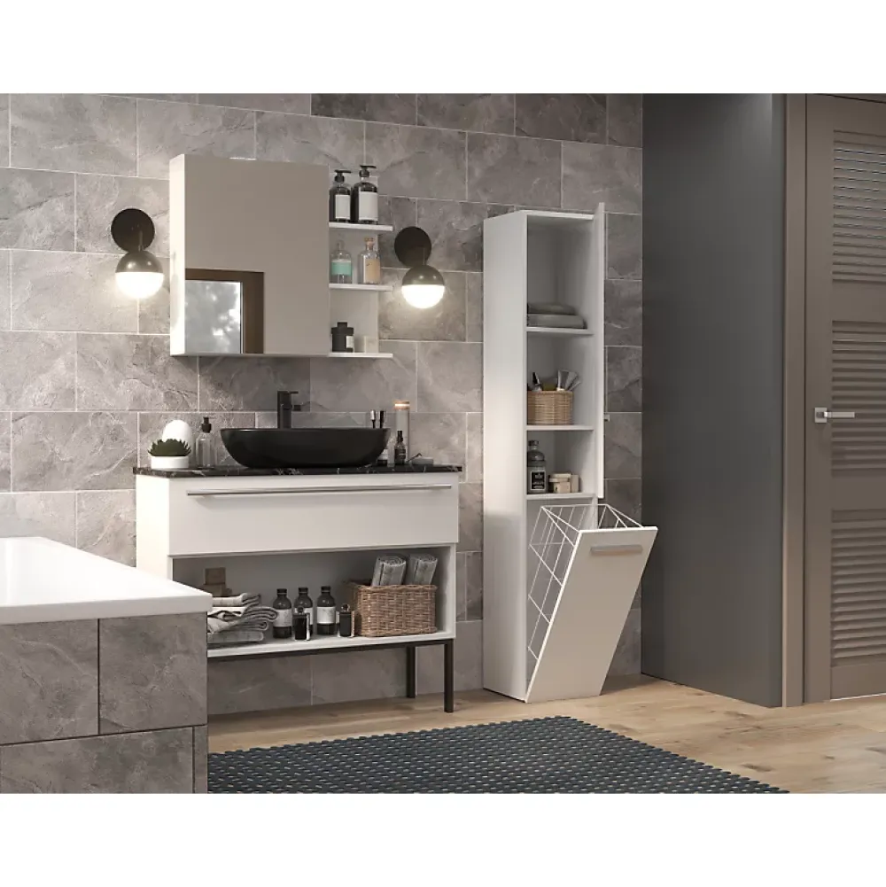 Topeshop YANA - Meuble salle de bain avec panier à linge - 31x30x174 cm - Colonne rangement SDB