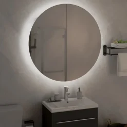 zmh Armoire de salle de bain miroir rond et LED Blanc 54x54x17,5 cm