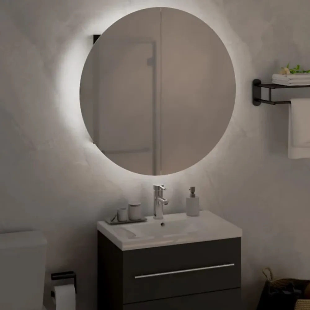 Meuble Wc|zmh Armoire de salle de bain miroir rond et LED Noir 47x47x17,5 cm