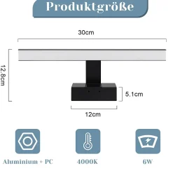 zmh Lampe Miroir LED Noire 30CM IP44 pour Salle de Bain - Éclairage Sûr et Élégant