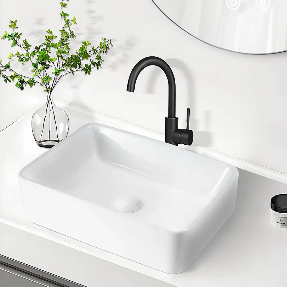 Plan Simple Vasque|zmh Lavabo Carré Céramique à Poser, 48x37x13,5cm, Finition Nano Effet Lotus, Blanc