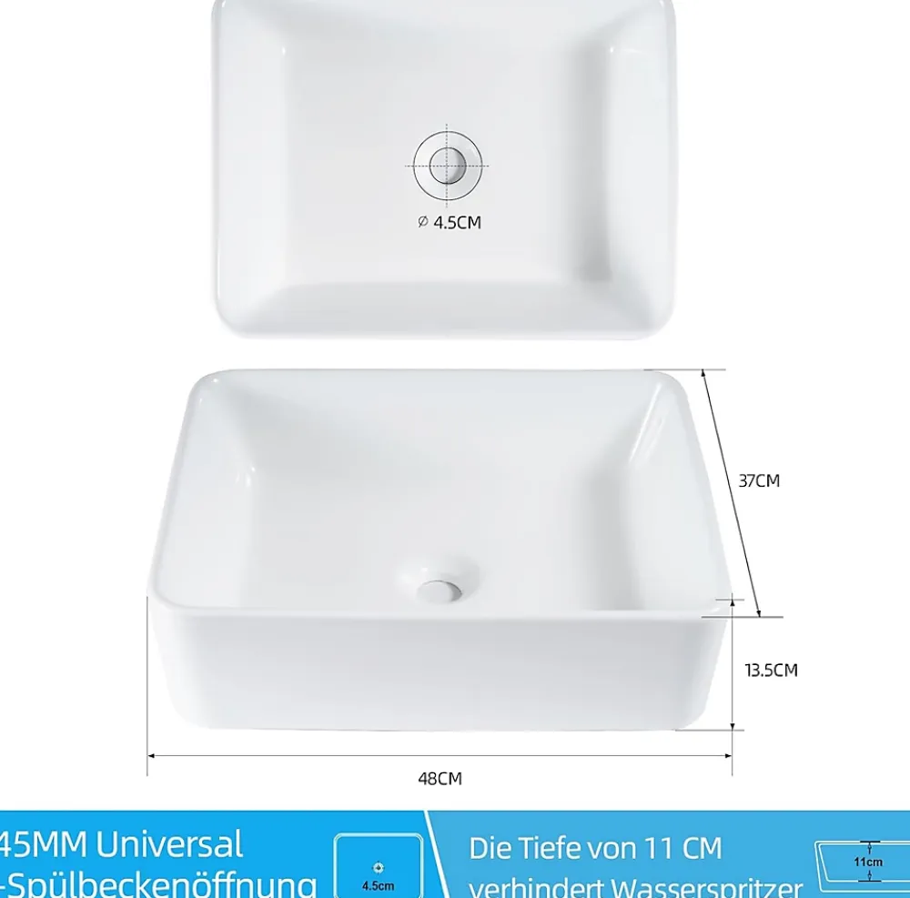 Plan Simple Vasque|zmh Lavabo Carré Céramique à Poser, 48x37x13,5cm, Finition Nano Effet Lotus, Blanc