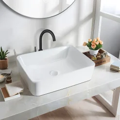 Plan Simple Vasque|zmh Lavabo Carré Céramique à Poser, 48x37x13,5cm, Finition Nano Effet Lotus, Blanc