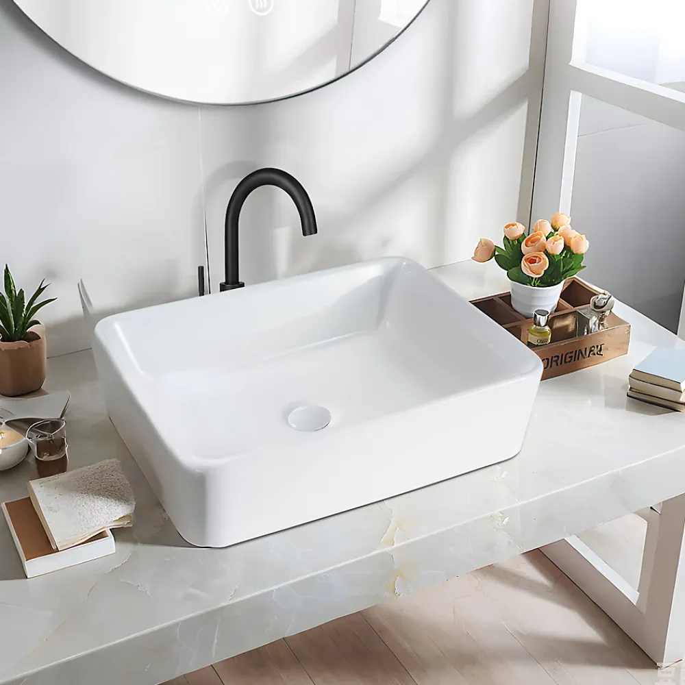 Plan Simple Vasque|zmh Lavabo Carré Céramique à Poser, 48x37x13,5cm, Finition Nano Effet Lotus, Blanc