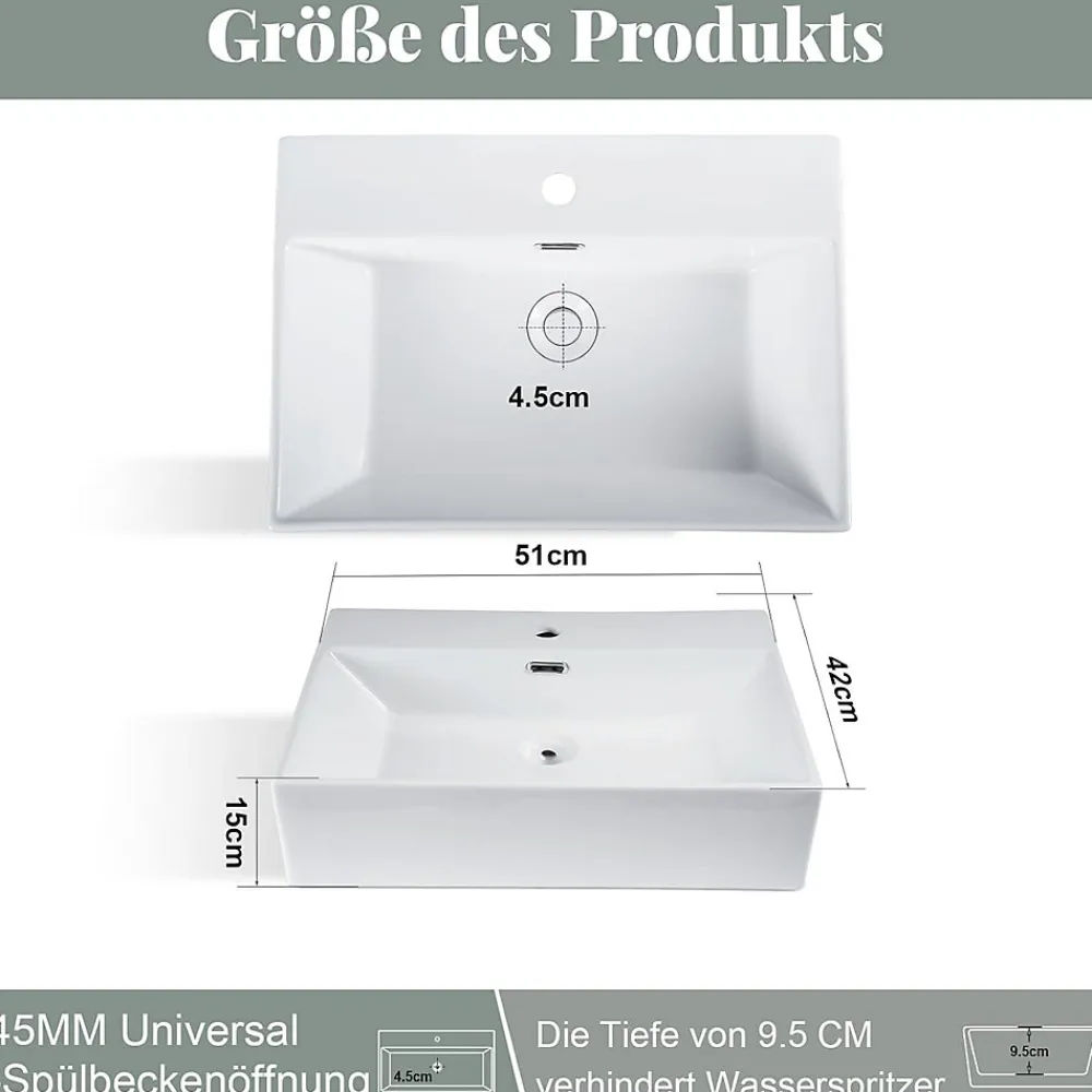 zmh Lavabo Carré En Céramique à Poser 51x42x15cm Blanc
