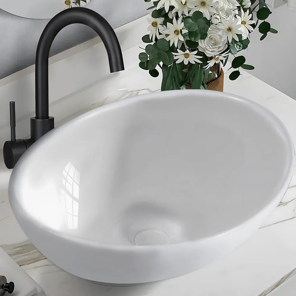 zmh Lavabo Ovale Céramique à Poser, 41x33x14,5cm, Nano Effet Lotus, Blanc.