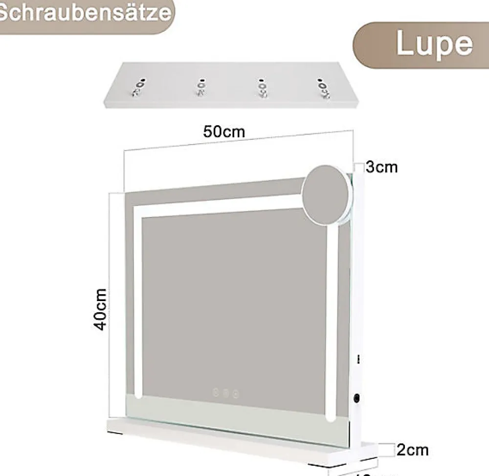 Miroir Grossissant Lumineux|zmh Miroir de Maquillage Éclairant 50x40cm avec 3 Modes de Lumière et Intensité Variable
