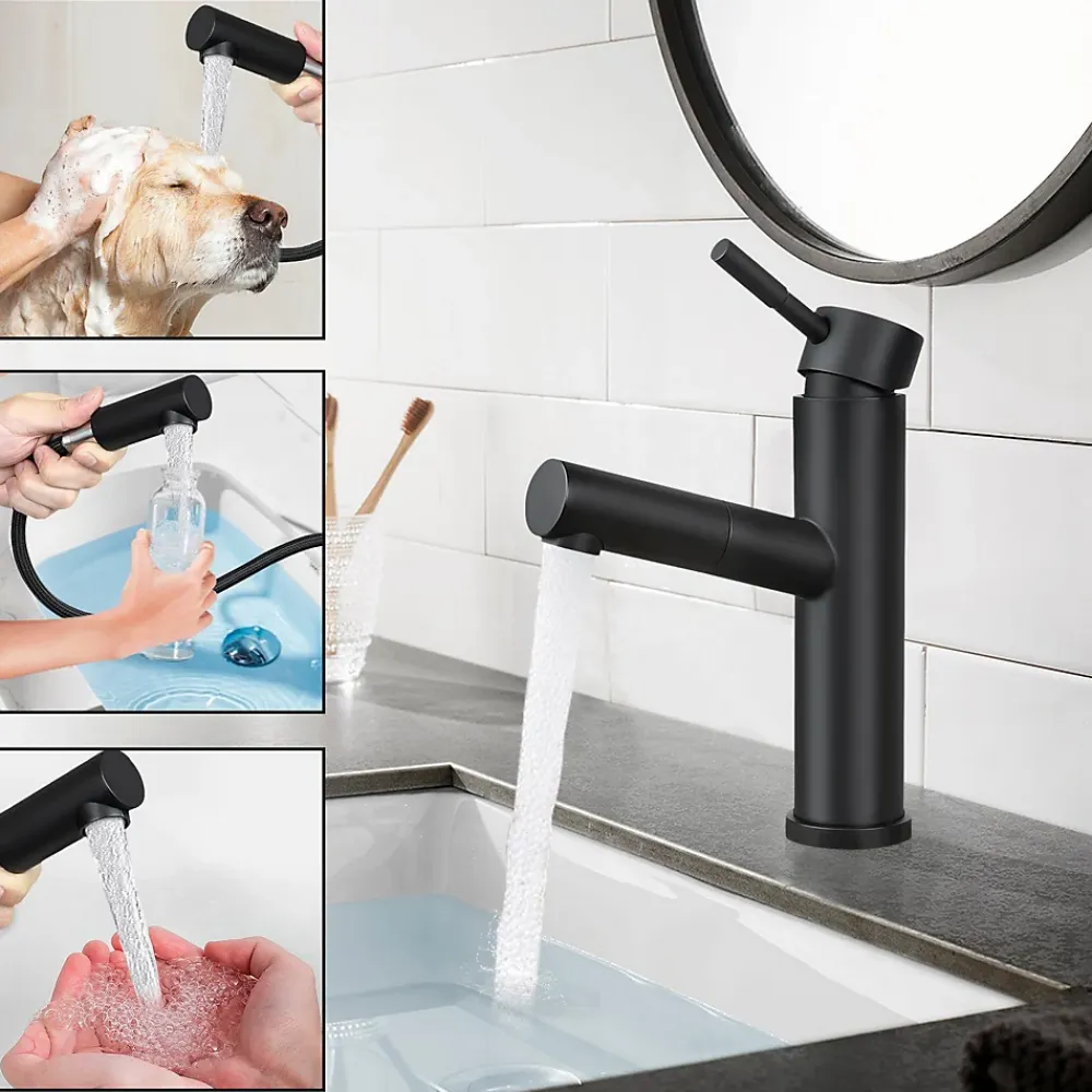 zmh Robinet de lavabo noir avec douchette extensible pour salle de bain et cuisine